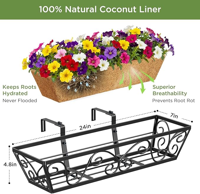 Y&M 24 Inch Window Deck with Coco Liner, Fence Metal Hanging Flower Planter Window Basket Deck Railing Planter Boxes for Outdoor Garden Lawn-Butterfly, 6pcs