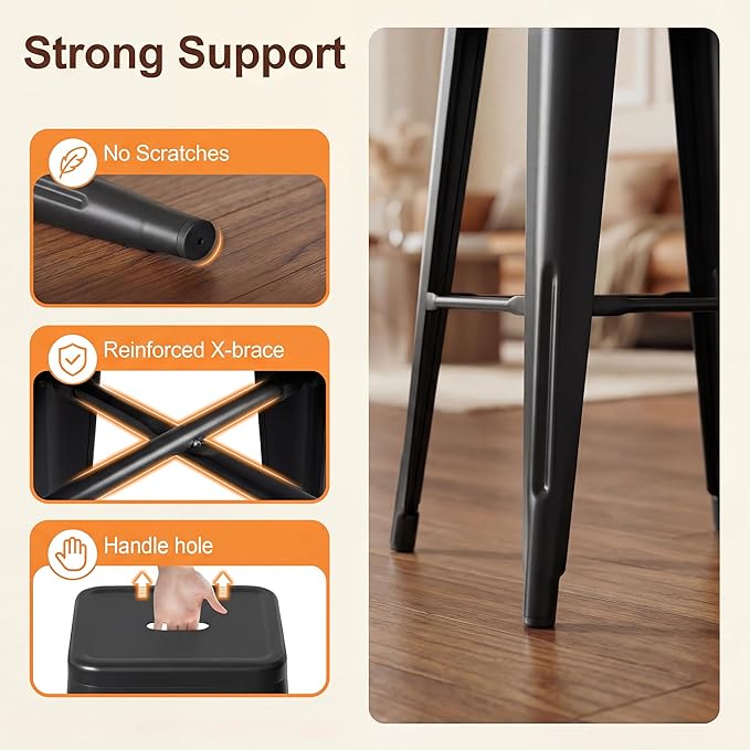 Shahoo 24 Inches Metal Bar Stools Counter Height Stackable Backless Stools, Industrial Patio Stools Indoor Outdoor Metal Kitchen Stools Set of 4 (Black, 24'')