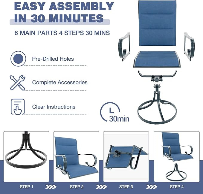 MELLCOM 5 Pieces Outdoor Dining Set, 4 Swivel Rocker Chairs with High Back Textilene & Square Metal Dining Table with Umbrella Hole, Patio Furniture Set for Porch, Garden, Backyard, Deck, Blue