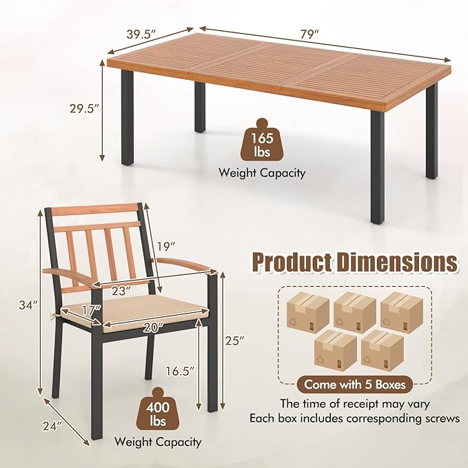 Tangkula 9 Pieces Patio Dining Set, Outdoor Acacia Wood Table and Chairs with Soft Cushions and 1.9” Umbrella Hole, Outdoor Patio Furniture Set for Garden, Deck and Backyard