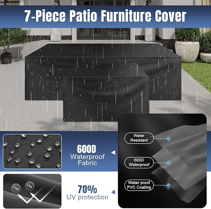 Aoxun 7 Pieces Patio Furniture Set with 44” Fire Pit Table Wicker Rattan Outdoor Sectional Conversation Set with Coffee Table and 4” Thickened Cushions, Gray/Blue(Waterproof Cover Included)