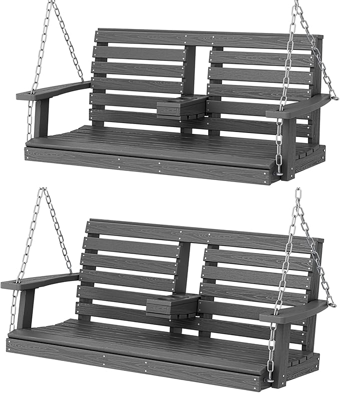 KINGYES Outdoor Hanging Patio Swing Chair Set of 2, 2 Seat Bench with Cup Holders, Waterproof for Courtyard & Garden, 660LBS Weight Capacity, Gray