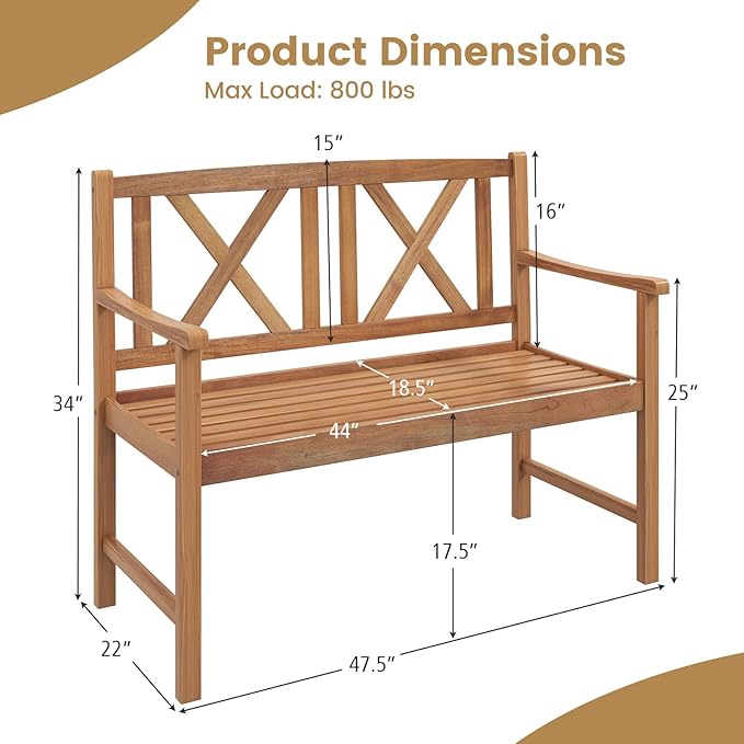 COSTWAY Outdoor Wooden Bench, Outdoor Acacia Wood Loveseat with Curved Armrest & Backrest, Sturdy Wood Bench for Garden, Park & Porch, 47.5"x 22" x 34”