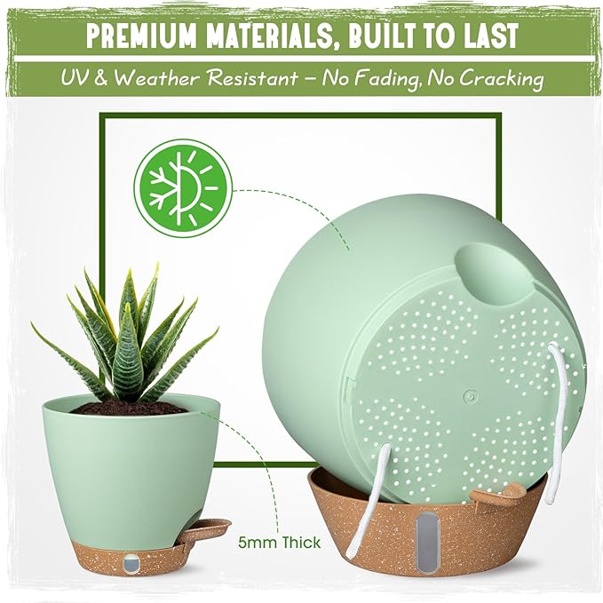 Self-Watering Pots for Indoor Plants 4 Pack, 6/8/10/12 Inch Outdoor Planters with Water Level Indicator&Deep Reservoir, Decorative Flower Pots for Indoor Plants,Home Decor (Green, 12+10+8+6 inch)