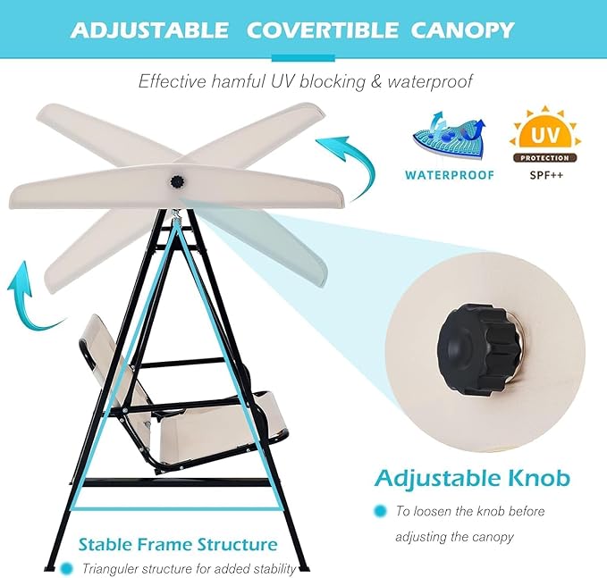 AECOJOY 2-Seat Outdoor Patio Swing Chair with Cover, Porch Swings Chairs for Adult, Outside Swing Bench with Adjustable Canopy&Removable Cushion, Beige