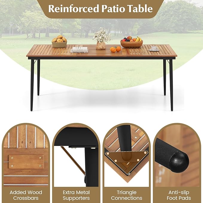 Tangkula 79" Acacia Wood Outdoor Dining Table for 8, Large Rectangular Patio Table with 1.9" Umbrella Hole, Metal Frame & Foot Pads, 8-Person Outside Table for Garden, Poolside & Backyard