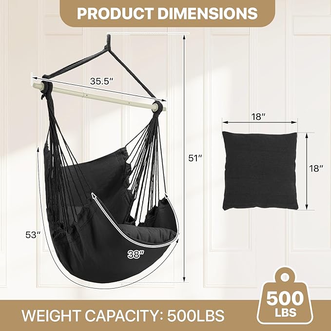MoNiBloom Hammock Chair Hanging Rope Swing w/2 Cushions, Boho Macrame Hanging Chair Max 350 lbs Capacity w Pocket, Hardware Kit Included, Black