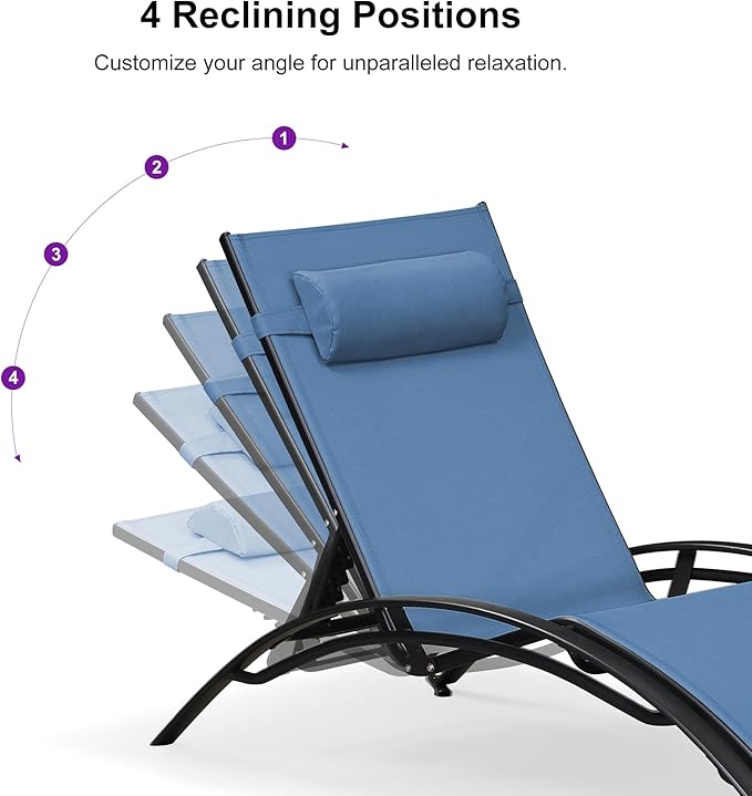 PURPLE LEAF Patio Chaise Lounge Set of 3 Outdoor Lounge Chair Beach Pool Sunbathing Lawn Lounger Recliner Outside Tanning Chairs with Arm for All Weather, Side Table Included, Indigo