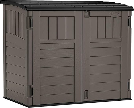 Suncast 34 Cu Ft Horizontal Resin Storage Shed - Outdoor Storage Shed with Floor Included, Lockable, Weatherproof, Fits Small to Medium Trash Cans, Generators, & Garden Tools, Stoney Black