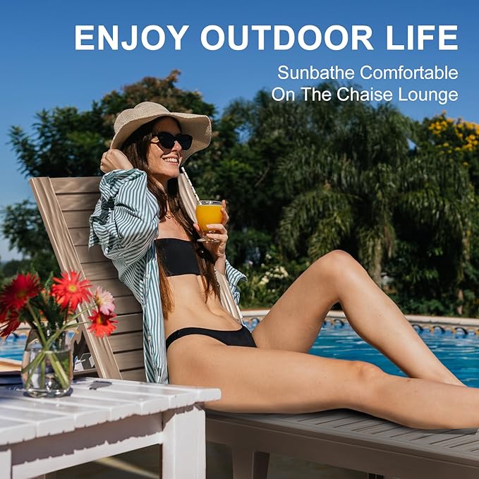 EasyUp Resin Chaise Lounge Chairs with 5-Position Backrest, UV & Fade-Resistant, Waterproof for Garden, Pool, Beach & Patio (Set of 2-Grey)