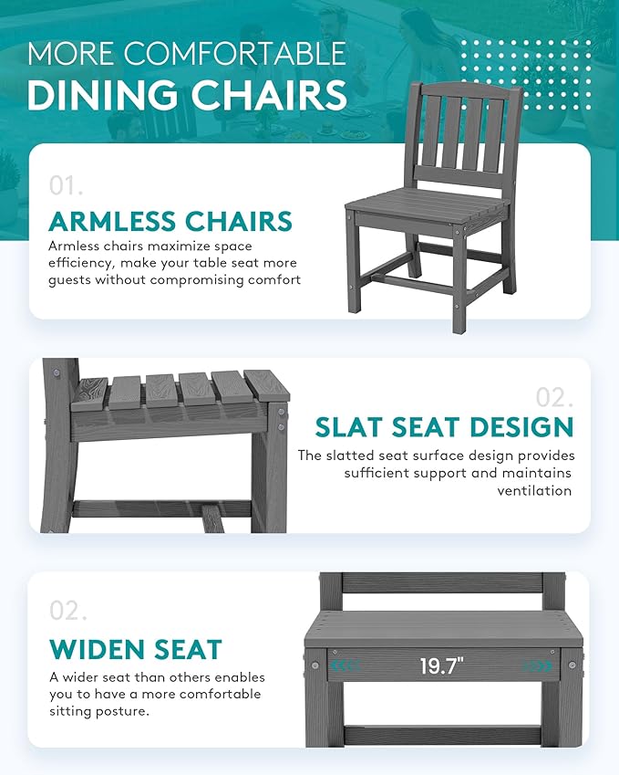 SERWALL 7-Piece Outdoor Dining Set, 60" - 83" Expandable Outdoor Dining Table and 6 HDPE Chairs, All Weather HDPE Outdoor Furniture Set for Backyard, Garden, Grey