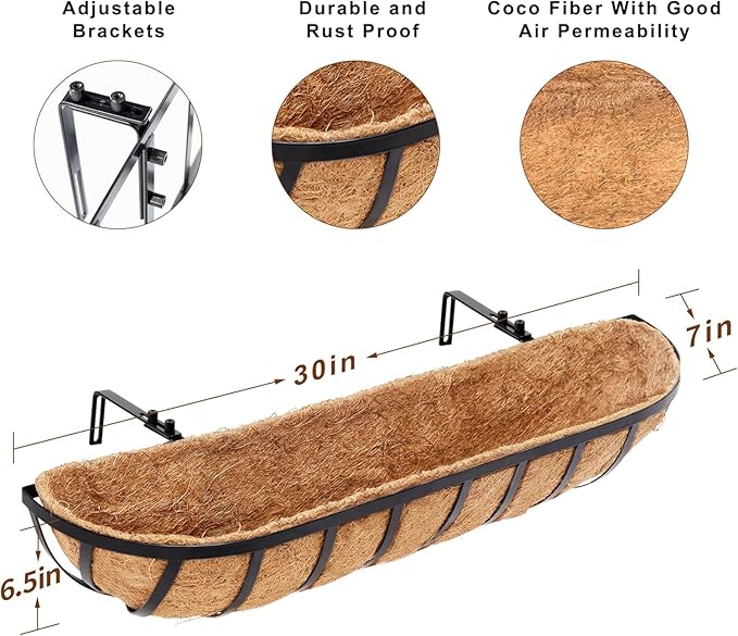 30 Inch Window Deck with Coco Liner, 30" Window Boxes Horse Trough with Coconut Coir Liner, Fence Metal Hanging Flower Planter Window Basket Deck Railing Planter Boxes for Outdoor Garden Lawn, 4pcs