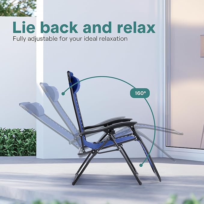 SereneLife Outdoor Zero Gravity Lounge Chair Set with Table – 2 Adjustable Recliners with Cup Holders, Headrest, Steel Frame & Foldable Design for Patio, Pool, Garden, or Camping