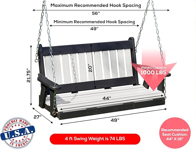 Poly Lumber Wood 4FT Mission Porch Swing Amish Craftsmandship Made in USA HDPE with No Wood fibers 1000 lbs Limit. Stainless Steel Hardware.Signature Design for Patio Outdoor Backyard Garden Park