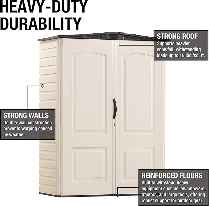 Rubbermaid Small Vertical Resin Outdoor Storage Shed With Floor (2.3 x 4.6 Ft), Weather Resistant, Beige/Brown, Organization for Home/Backyard/Pool Chemicals/Toys/Garden Tools/Porch/Patio Cushions