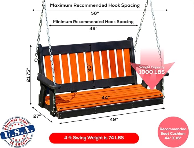 Poly Lumber Wood 4FT Mission Porch Swing Amish Craftsmandship Made in USA HDPE with No Wood fibers 1000 lbs Limit. Stainless Steel Hardware.Signature Design for Patio Outdoor Backyard Garden Park