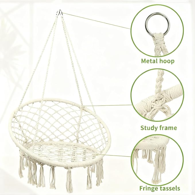 Goutime Hammock Chair, Macrame Hanging Swing Chairs with Cushion and Hardware Kit,Adult Boho Swings for Outside,Patio,Balcony,Bedroom Beige (Pillows are not Included)