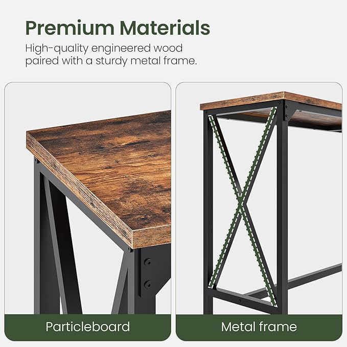 55'' Bar Table, Kitchen Dining Table with Power Outlet and Footrest, Industrial Style, for Pub, Living Room, Rustic Brown and Black TBT09UBF