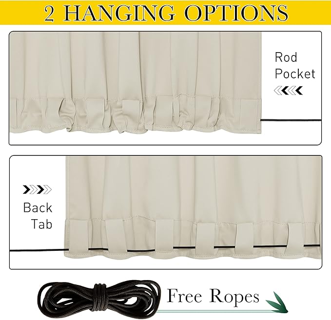 NICETOWN 2 Panels Outdoor Curtains for Patio Waterproof 95" Long, Windproof Grommet & Back Tab on Top & Bottom Thermal Insulated Sun Blocking Drapes with Rope for Gazebo, Beige, W100 per Panel