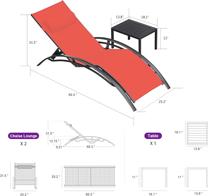 PURPLE LEAF Patio Chaise Lounge Set Outdoor Lounge Chair Beach Pool Sunbathing Lawn Lounger Recliner Chair Outside Tanning Chairs with Arm for All Weather Side Table Included Coral Red