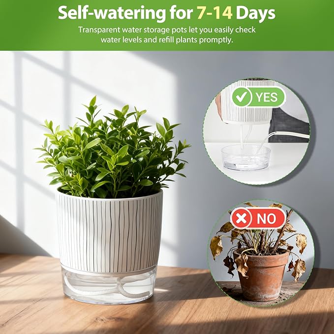 6 Pack Self Watering Pots for Indoor Plants, Flower Planters with Wick Rope & Reservoir, 4" + 5.5" Plastic Pots for African Violet, Orchid, Succulent, Herbs