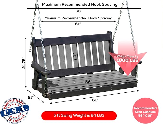 Mission Poly Lumber Wood 5FT Porch Swing Amish Craftsmandship Made in USA HDPE with No Wood fibers 1000 lbs Limit. Stainless Steel Hardware.Signature Design for Patio Outdoor Backyard Garden Park