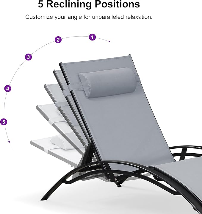 PURPLE LEAF Patio Oversized Chaise Lounge Chair Set with Side Table Poolside Adjustable Recliner Chairs for Outside Beach Outdoor Pool Sunbathing Tanning Lounger, Light Grey