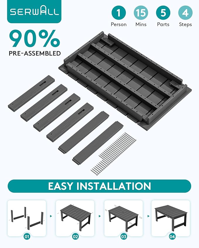 SERWALL Outdoor Coffee Table with 1.69" Umbrella Hole, HDPE Patio Coffee Table for Outside, Rectangle, Gray
