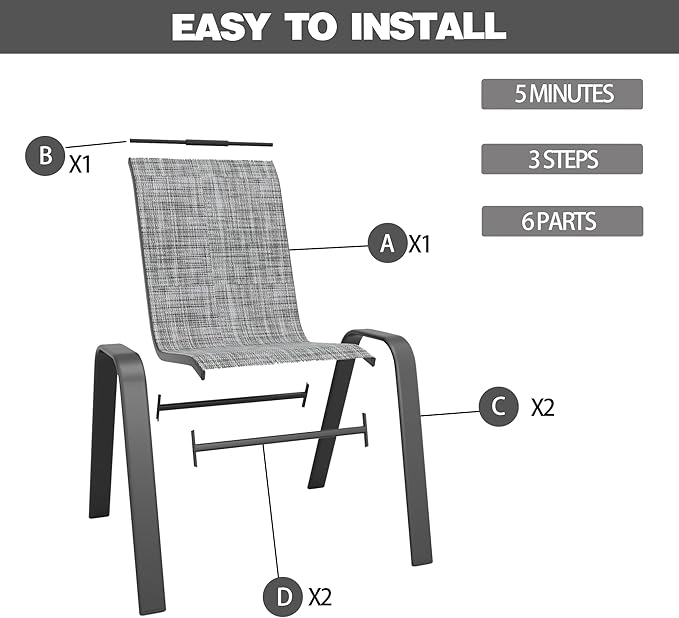 Patio Chairs Set of 6, Stackable Outdoor Dining Chairs for All Weather Textilene Fabric & Metal Frame, Outdoor Chairs Set for Backyard Deck Garden