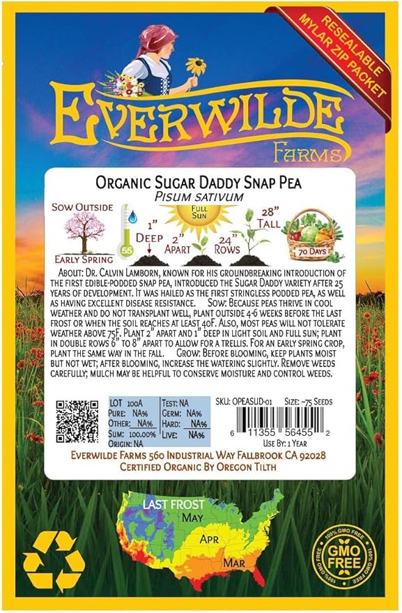 Everwilde Farms - 75 Organic Sugar Daddy Pea Seeds - Gold Vault Packet