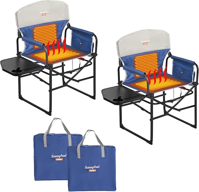 SUNNYFEEL Heated Camping Directors Chair, Heavy Duty,Oversized Portable Folding Chair with Side Table, Pocket for Beach, Fishing,Trip,Picnic,Lawn,Concert Outdoor Foldable Camp Chairs