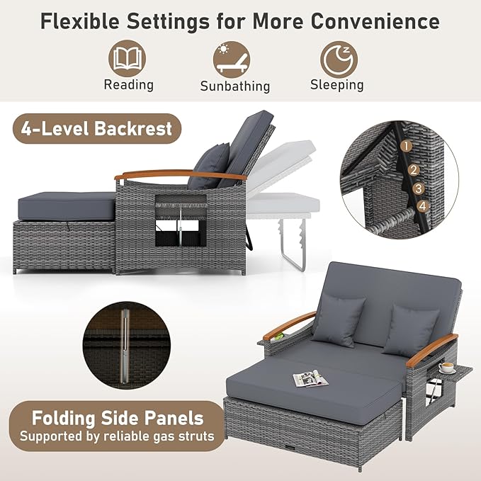 LDAILY Moccha Outdoor Wicker Daybed, Patio Rattan Loveseat Sofa w/ 4-Level Adjustable Backrest, Folding Panels, Storage Ottoman & Cushions, Lounge Furniture Set for Poolside Backyard Porch (Grey)