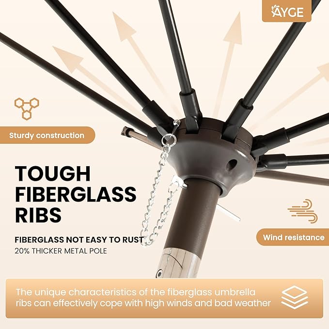 Ayge 9FT Large Outdoor Patio Umbrella Market Table Umbrella-UV Resistant, Easy Push Button Tilt and Crank, 8 Sturdy Fiberglass Ribs Heavy-Duty Pool Umbrella for Deck, Backyard,Garden,Rose Pink