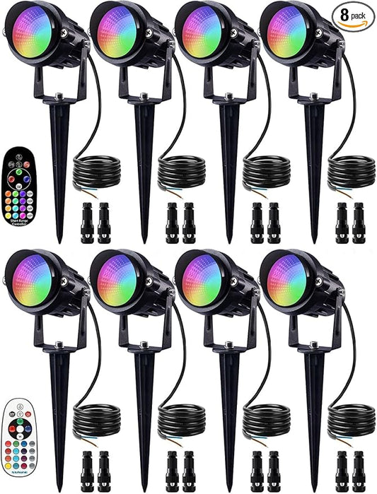 SUNVIE Christmas 12W RGB Color Changing Landscape Lights Low Voltage LED Landscape Lighting Remote Control Spotlight Waterproof Garden Pathway Christmas Decoration Outdoor, 8 Pack with Connector