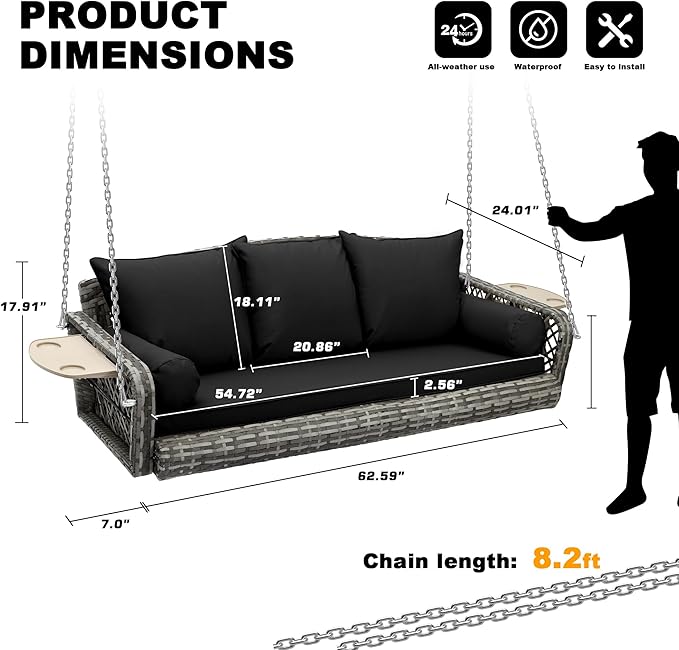 Outdoor Wicker Patio Porch Swing - 3 Person Swing Outdoor Hanging Porch Swing Seat Bench with Chains for Yard, Deck, Garden (Grey Rattan Black Cushion)