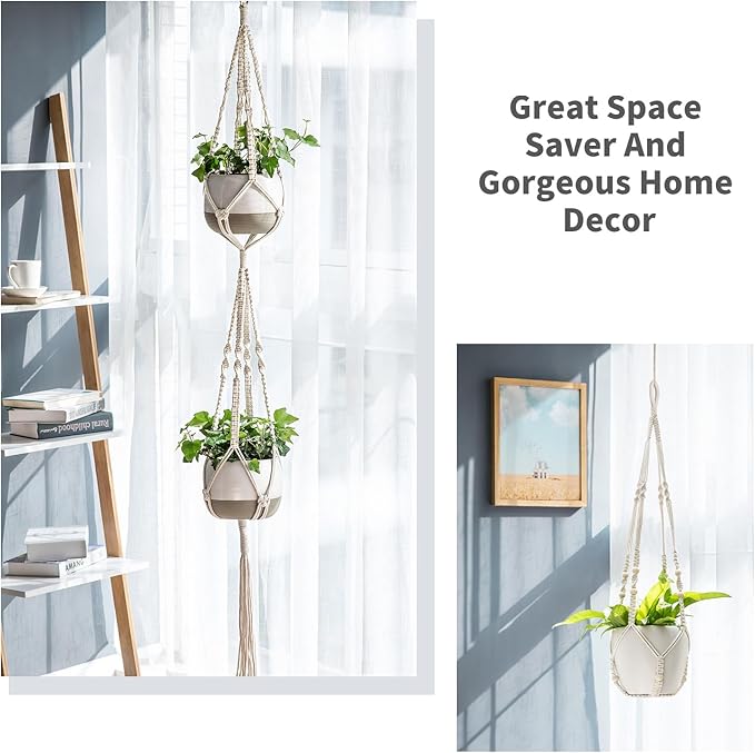 Mkono Macrame Plant Hangers Set of 4 Indoor Hanging Planter Basket Wall Decorative Flower Pot Holder with 4 Hooks for Indoor Outdoor Home Decor Gift Box, Ivory