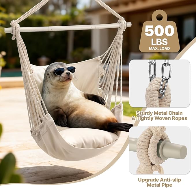MoNiBloom Hammock Chair Hanging Rope Swing w/2 Cushions, Boho Macrame Hanging Chair Max 350 lbs Capacity w/Side Pocket for Adults Indoor/Outdoor, Living Room Bedroom Comfy Reading Swinging Chair