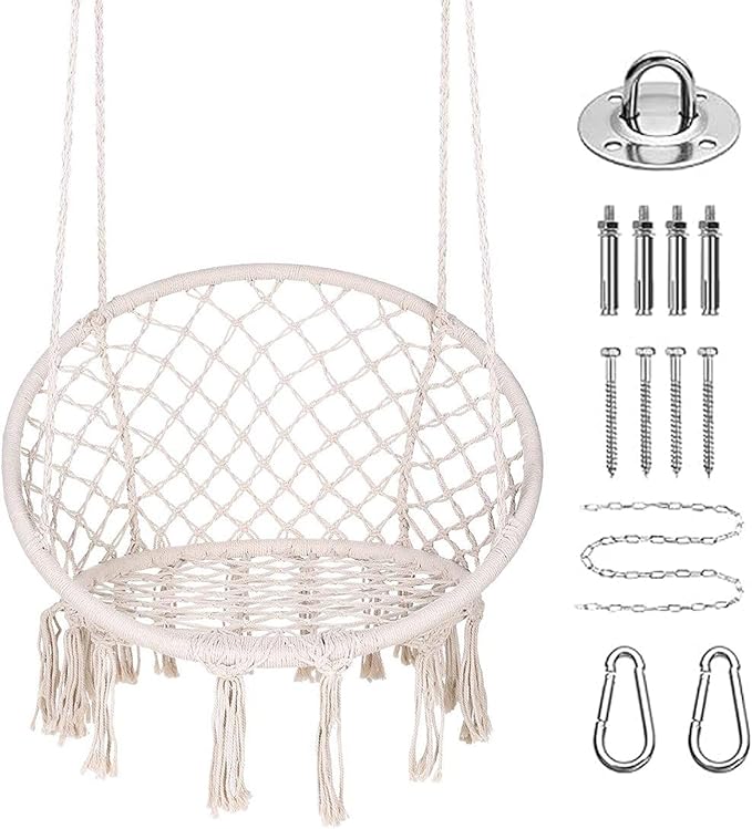 Goutime Hammock Chair, Macrame Hanging Swing Chairs with Cushion and Hardware Kit,Adult Boho Swings for Outside,Patio,Balcony,Bedroom Beige (Pillows are not Included)