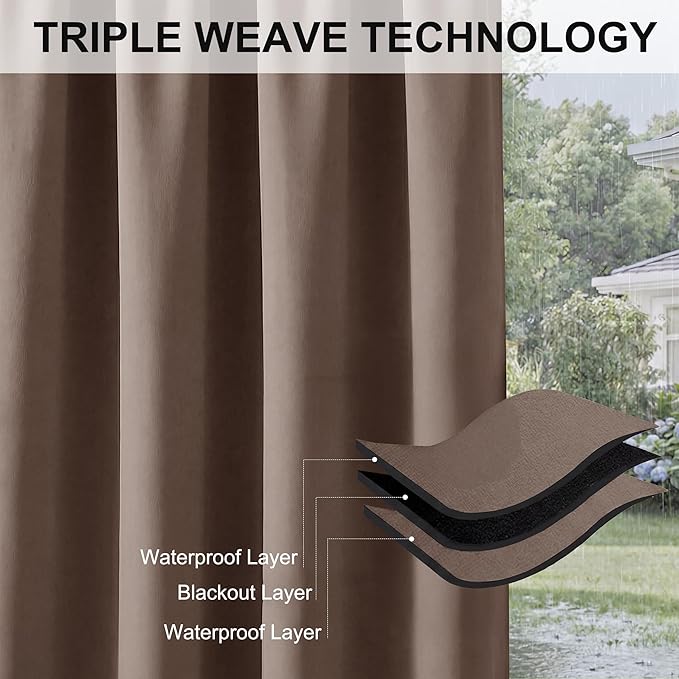 RYB HOME Outdoor Curtains for Patio Waterproof Block Sunlight Thermal Insulated Privacy Assured Thick Outside Curtains for Porch, Gazebo, Pergola, W84" x L95", Mocha, 1 Panel