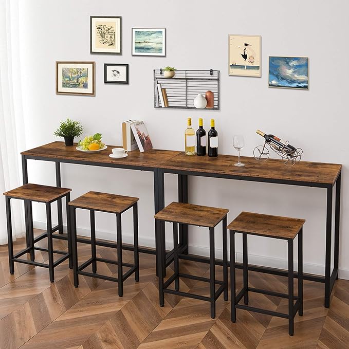 HOOBRO Bar Table and Chairs Set, 47.2” Rectangular Pub Table with 2 Stools for Small Space, High Top Table, 3-Piece Breakfast stools Set, Sturdy Metal Frame, Easy to Assemble, Rustic Brown BF52BT01