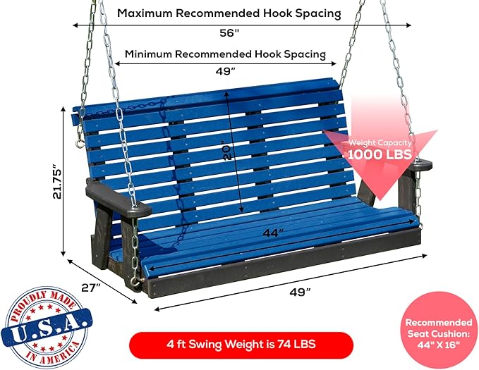 Poly Lumber Wood 4FT Porch Swing Amish Craftsmandship Made in USA HDPE with No wood fibers and 1000 lbs Limit. Stainless Steel Hardware.Signature Rollback design for Patio Outdoor Backyard Garden Park