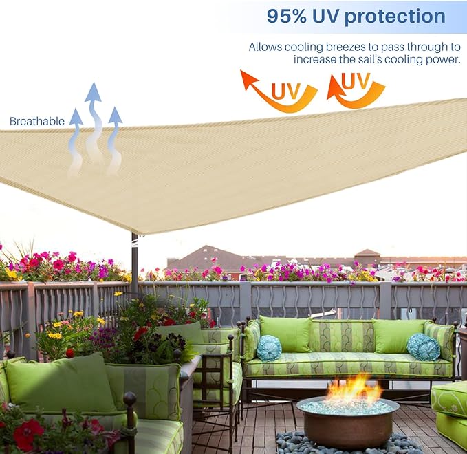 E&K Sunrise 14' x 14' x 14' Sun Shade Sail Triangle Canopy Shade Cover UV Block for Patio Backyard Garden Outdoor (Sand)