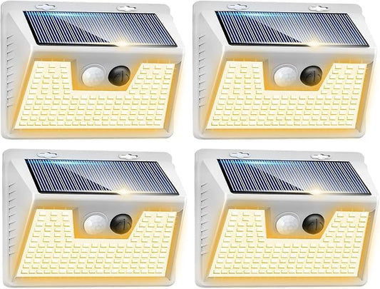 Peasur Solar Lights Outdoor Motion Sensor Waterproof, 4Pack 140LED White Solar Powered Fence Lights, 3 Modes Security Wall Lights for Garden Yard Outside Warm