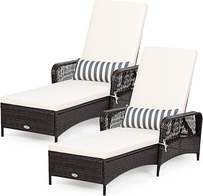 Tangkula Wicker Chaise Lounge Outdoor Set of 2, Patio Rattan Reclining Chaise with 6-Gear Adjustable Backrest, Thick Padded Cushion & Removable Lumbar Pillow, Pool Lounge Chairs for Outside Balcony