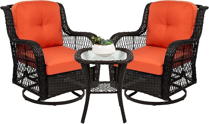 Best Choice Products 3-Piece Outdoor Wicker Patio Bistro Set w/ 2 360-Degree Swivel Rocking Chairs and Tempered Glass Top Side Table - Rust