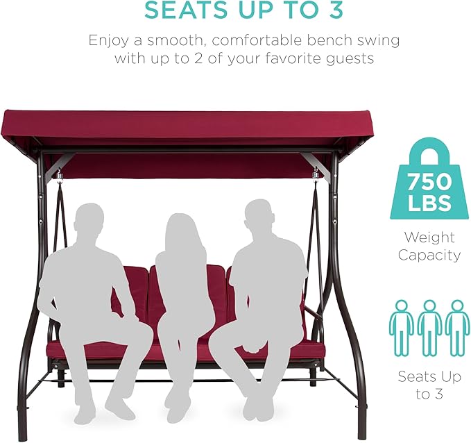 Best Choice Products 3-Seat Outdoor Large Converting Canopy Swing Glider, Patio Hammock Lounge Chair for Porch, Backyard w/Flatbed, Adjustable Shade, Removable Cushions - Burgundy