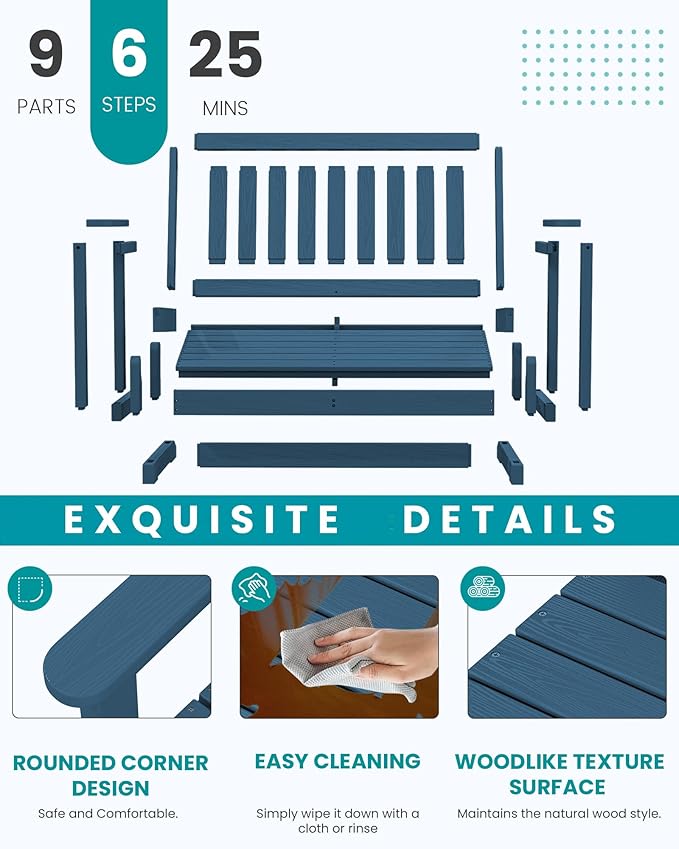 SERWALL Outdoor Glider Bench Set of 4, HDPE Weather-Resistant Swinging Bench for Backyard Garden Porch, Deep Navy