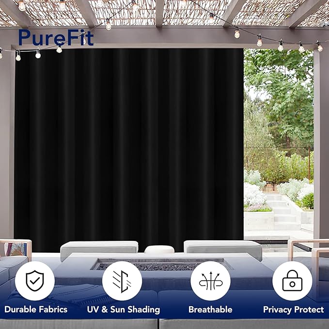 PureFit Outdoor Curtains for Patio Waterproof Weatherproof, UV Resistant Outside Curtains for Gazebo, Front Porch, Pergola, Sun Blocking Privacy Curtain, 120W x 84L inch, 1 Panel, Black