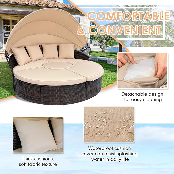 SUNCROWN Outdoor Patio Round Daybed with Retractable Canopy, Brown Wicker Furniture Sectional Couch with Washable Cushions, Backyard, Porch