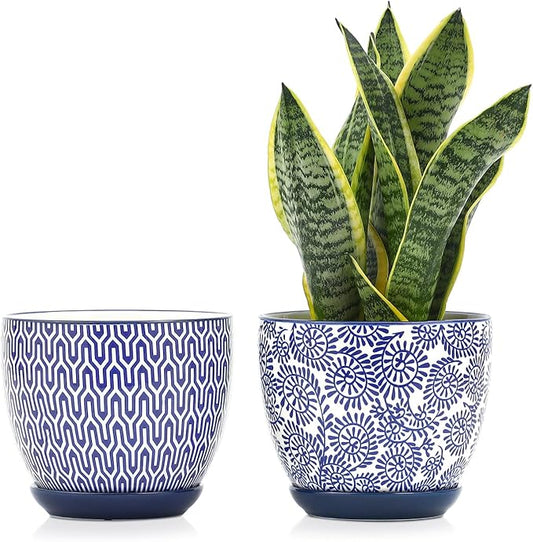 Selamica Ceramica Plant Pots, 6.5 Inch Flower Pots Set of 2 with Drainage Holes & Saucer, Planters for Indoor Plants, Home Decor, Vintage Blue